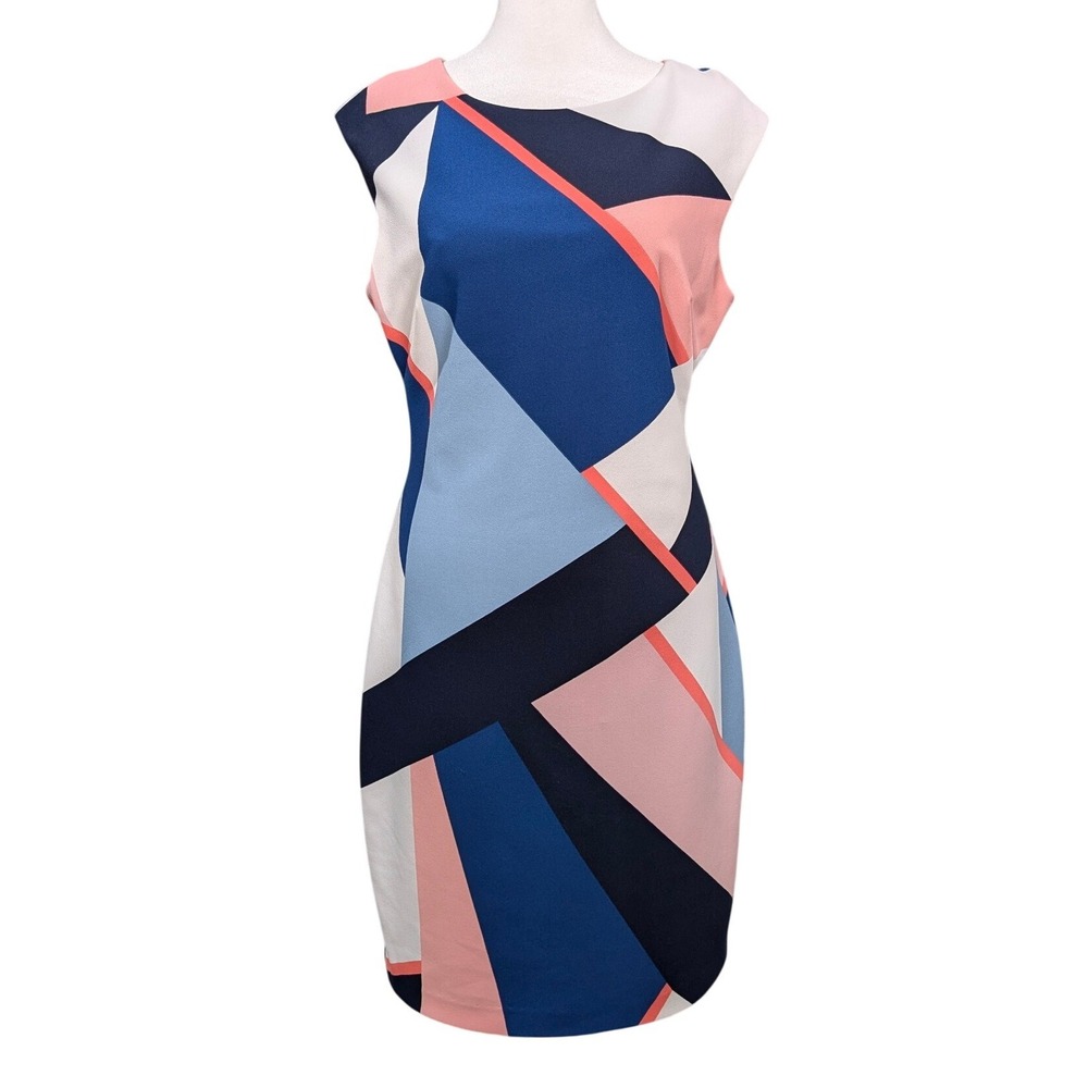 Vince Camuto Blue Pink Geometric Colorblock Sheath Dress Size 10 Mod Office